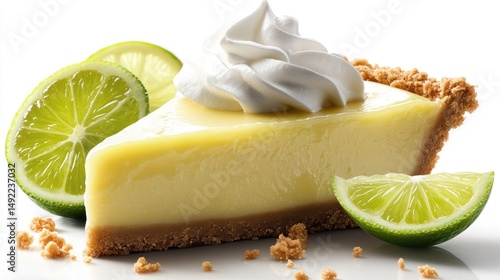 Key lime pie slice topped with whipped cream, set on a graham cracker crust, seen from a close-up view.