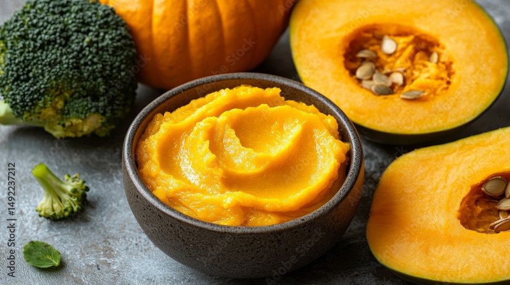 Bowl with healthy pumpkin puree, fresh orange pumpkin and broccoli on grey background. Baby food Bowl with healthy pumpkin puree, fresh orange pumpkin and broccoli on grey background. Baby food