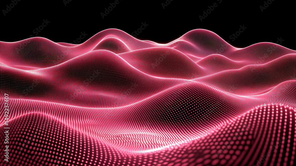 Abstract digital landscape of undulating crimson hills, composed of glowing, dotted lines Abstract digital landscape of undulating crimson hills, composed of glowing, dotted lines