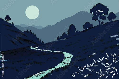 107 serene tea plantation at night, magnificent full moon, dramatic landscapes, mountainous terrain, lush green tea leaves, winding paths, atmospheric lighting, cinematic, matte painting style, highly