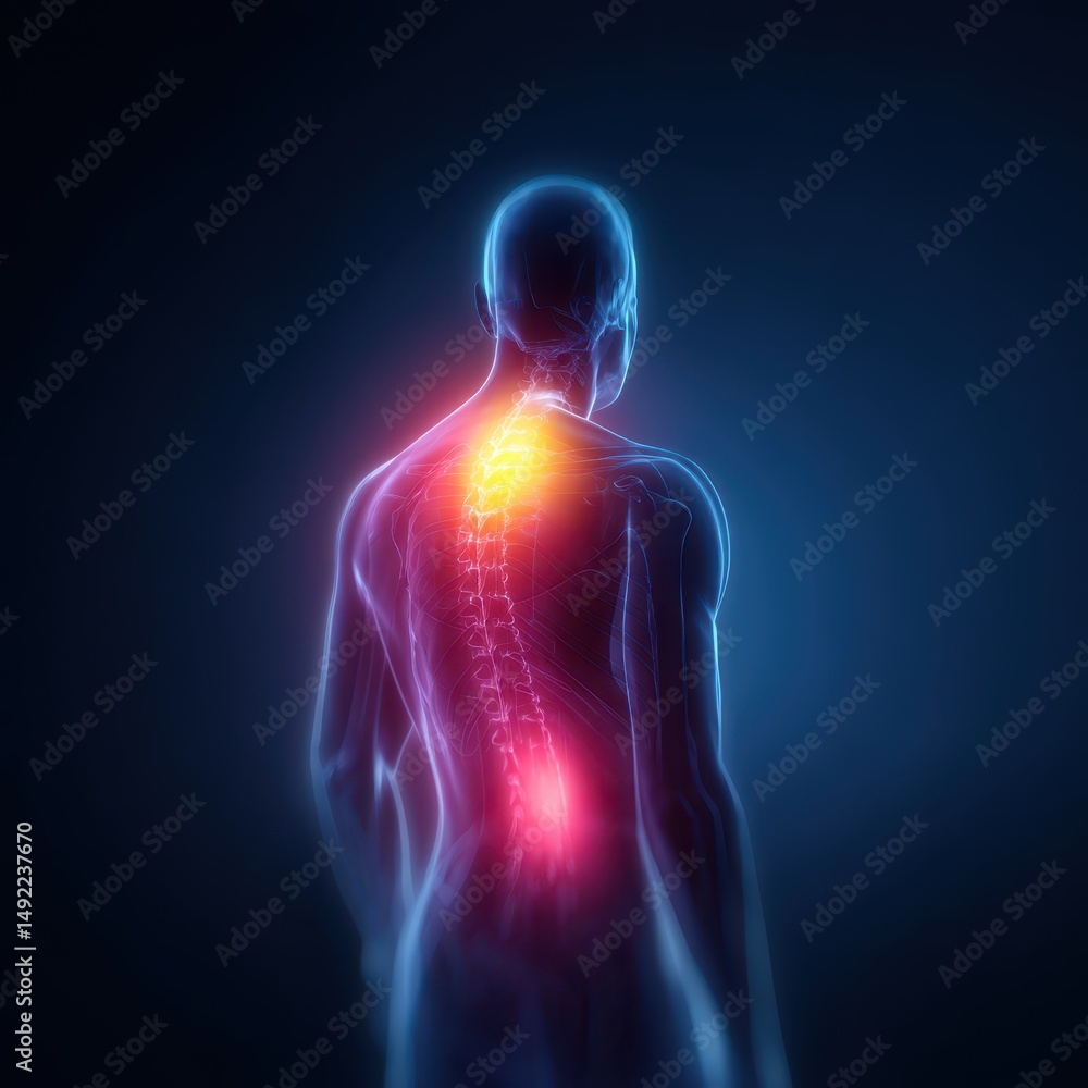 A translucent figure showcases the human form with luminous red areas highlighting the spine and energy points. The background is dark, enhancing the vibrant visual of anatomical details A translucent figure showcases the human form with luminous red areas highlighting the spine and energy points. The background is dark, enhancing the vibrant visual of anatomical details
