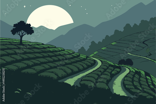 107 serene tea plantation at night, magnificent full moon, dramatic landscapes, mountainous terrain, lush green tea leaves, winding paths, atmospheric lighting, cinematic, matte painting style, highly