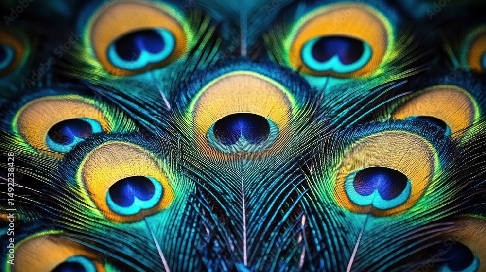 Fototapeta premium Close-up of vibrant peacock feathers showing iridescent blue, green, yellow, and black eye patterns with fine detailed textures and a sense of natural beauty