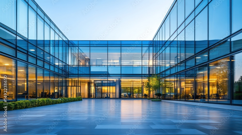 Fototapeta premium Modern glass office building atrium dusk; courtyard, city view, corporate