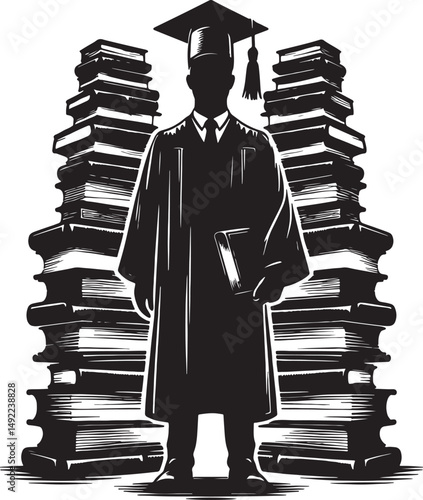 Silhouette of graduate with cap and gown standing between stacks of books graphic