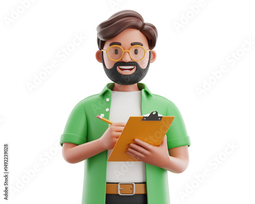 Happy 3d cartoon man writing on clipboard