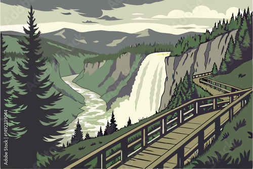 108 landscape, dramatic waterfall, lush green forest, wooden boardwalk trail, rugged cliff faces, scenic mountains, cloudy sky, serene nature, outdoor adventure, epic vista, picturesque landscape