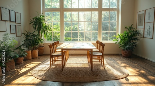 Flat lay-style top view of light-filled office room  featuring simple table and chairs setup near large sunlit window  minimal decor