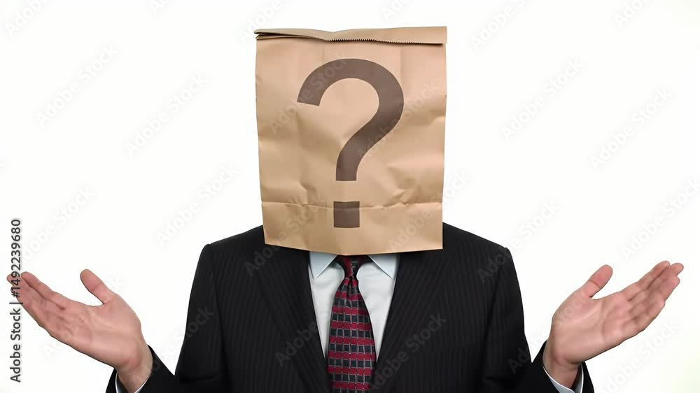 Anonymous Businessman with Question Mark Bag on Head Shrugs Anonymous Businessman with Question Mark Bag on Head Shrugs