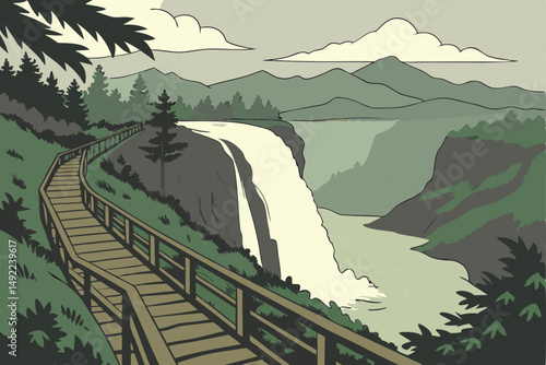 108 landscape, dramatic waterfall, lush green forest, wooden boardwalk trail, rugged cliff faces, scenic mountains, cloudy sky, serene nature, outdoor adventure, epic vista, picturesque landscape