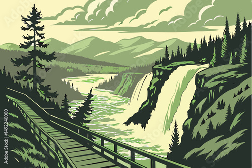 108 landscape, dramatic waterfall, lush green forest, wooden boardwalk trail, rugged cliff faces, scenic mountains, cloudy sky, serene nature, outdoor adventure, epic vista, picturesque landscape