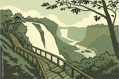 108 landscape, dramatic waterfall, lush green forest, wooden boardwalk trail, rugged cliff faces, scenic mountains, cloudy sky, serene nature, outdoor adventure, epic vista, picturesque landscape