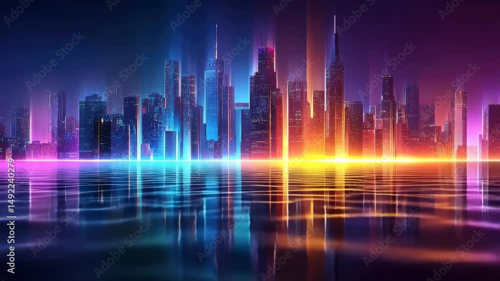 Neon cityscape reflected in water. Neon cityscape reflected in water.