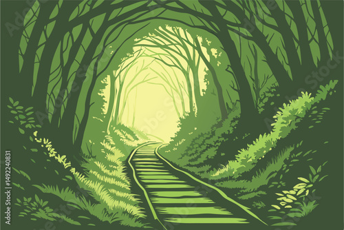 109 A lush, verdant tunnel of greenery, a wooden walkway leading through an enchanted forest, the sunlight filtering through the dense foliage, creating a serene and ethereal atmosphere, vibrant and c