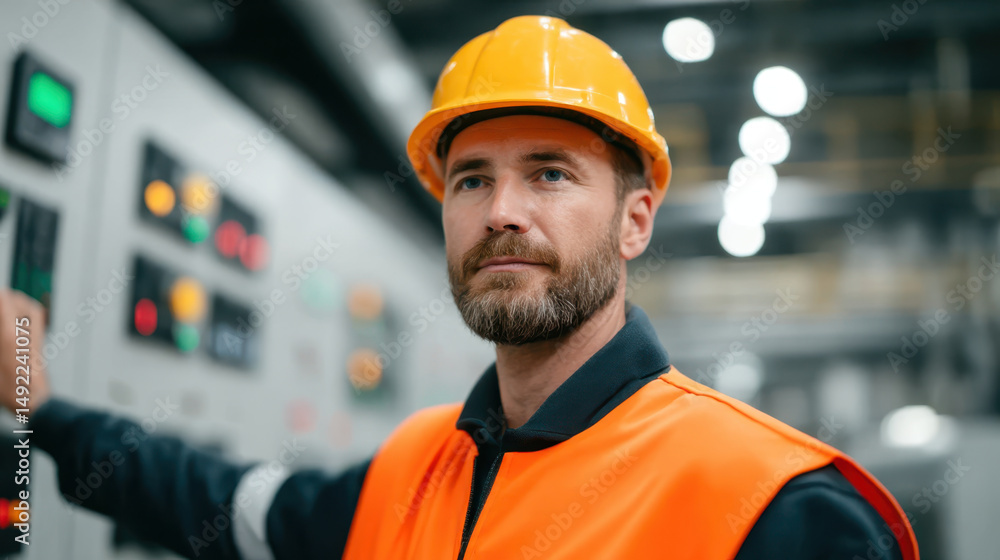 Worker in safety gear operating control panel in industrial environment with bright lighting and machinery background Worker in safety gear operating control panel in industrial environment with bright lighting and machinery background