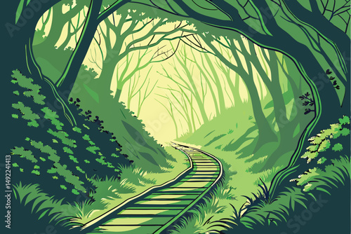 109 A lush, verdant tunnel of greenery, a wooden walkway leading through an enchanted forest, the sunlight filtering through the dense foliage, creating a serene and ethereal atmosphere, vibrant and c