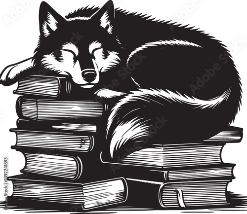 A black and white illustration of a wolf sleeping on a stack of several books