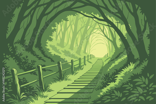 109 A lush, verdant tunnel of greenery, a wooden walkway leading through an enchanted forest, the sunlight filtering through the dense foliage, creating a serene and ethereal atmosphere, vibrant and c