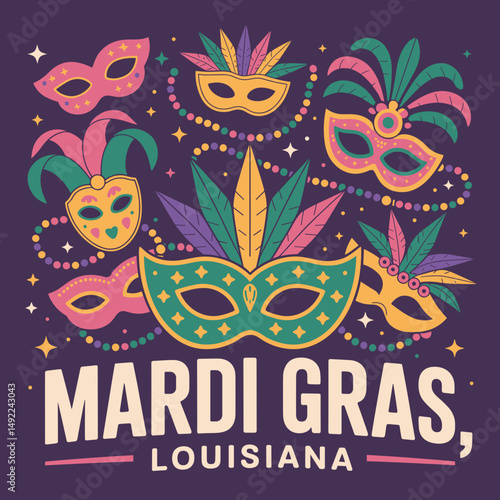 Mardi Gras Celebration Masks and Feathers – Louisiana Poster