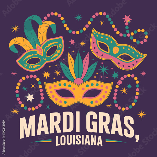Mardi Gras Celebration Masks and Feathers – Louisiana Poster