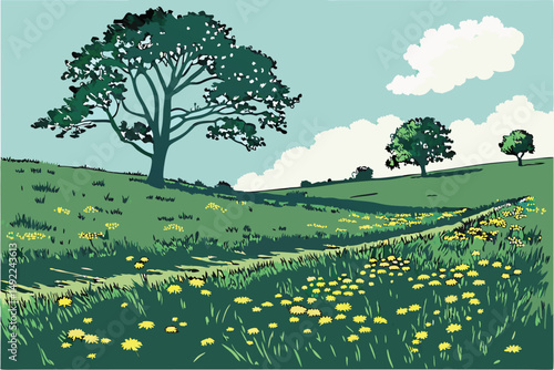 110 idyllic landscape, lush green meadow with dandelion flowers, two trees in the distance, blue sky with clouds, scenic countryside, photorealistic, highly detailed, 8k, masterful lighting and compos