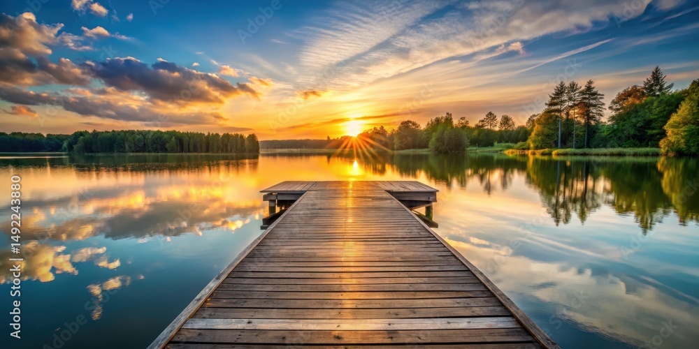 Fototapeta premium Wooden dock extending over calm lake water with sun setting behind trees in background, calm water, lake