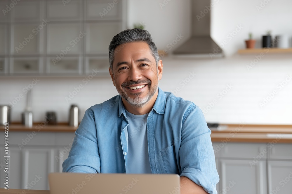 Naklejka premium Smiling middle-aged man with gray hair, wearing a blue shirt, sitting at a kitchen table with a laptop, showcasing a relaxed and friendly atmosphere in a modern home setting
