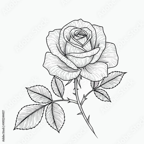 This beautifully crafted vector illustration features an elegant rose flower, showcasing intricate petal details and a timeless design. The image highlights the delicate curves and textures of the ros