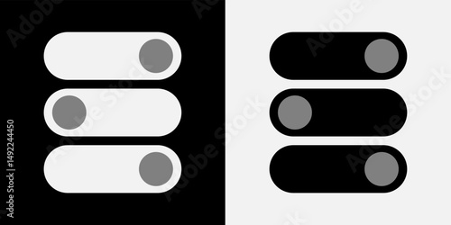 On and Off Toggle Switch Buttons, UI Mockup on black and White Background.