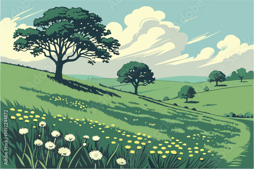 110 idyllic landscape, lush green meadow with dandelion flowers, two trees in the distance, blue sky with clouds, scenic countryside, photorealistic, highly detailed, 8k, masterful lighting and compos