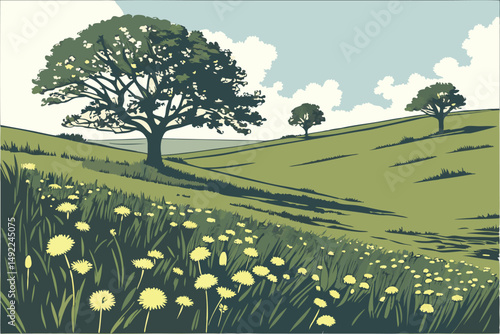 110 idyllic landscape, lush green meadow with dandelion flowers, two trees in the distance, blue sky with clouds, scenic countryside, photorealistic, highly detailed, 8k, masterful lighting and compos