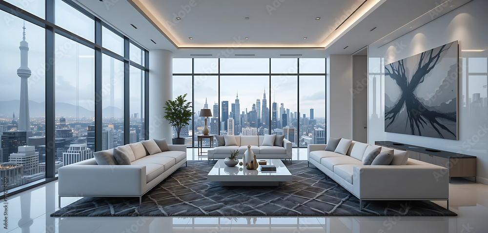 Fototapeta premium All-white kitchen with bar stools and pendant lights. Wide windows open to a bustling cityscape in the distance.