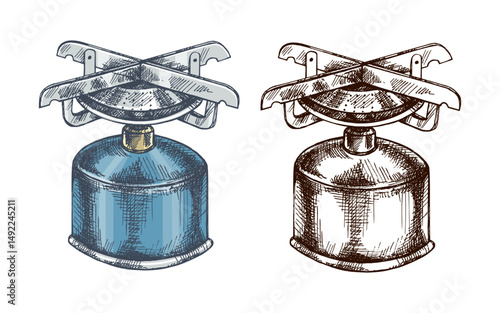 Hand drawn vintage sketch of camping gas stove in blue and monochrome version for outdoor cooking illustration