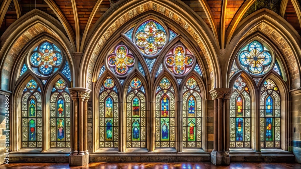 Obraz premium Ornate Arched Windows in Old Church Building , stained glass windows