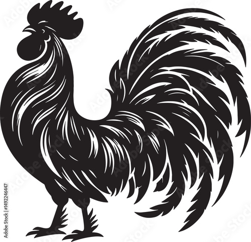 A black and white illustration of a rooster with detailed feathering and silhouette