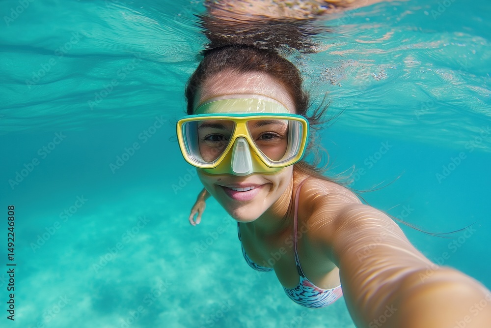Naklejka premium Young caucasian female snorkeling in clear turquoise water, smiling underwater selfie
