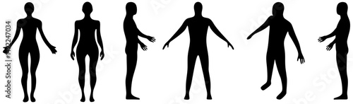 Man and woman body silhouette. Vector human figure outline. Male and female front view body shapes standing full height. Bare and naked slim healthy people
