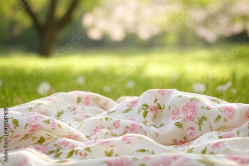 A Soft Floral Blanket Laid on Lush Green Grass Under Gentle Sunlight in a Serene Outdoor Setting Surrounded by Blooming Trees and Nature's Beauty