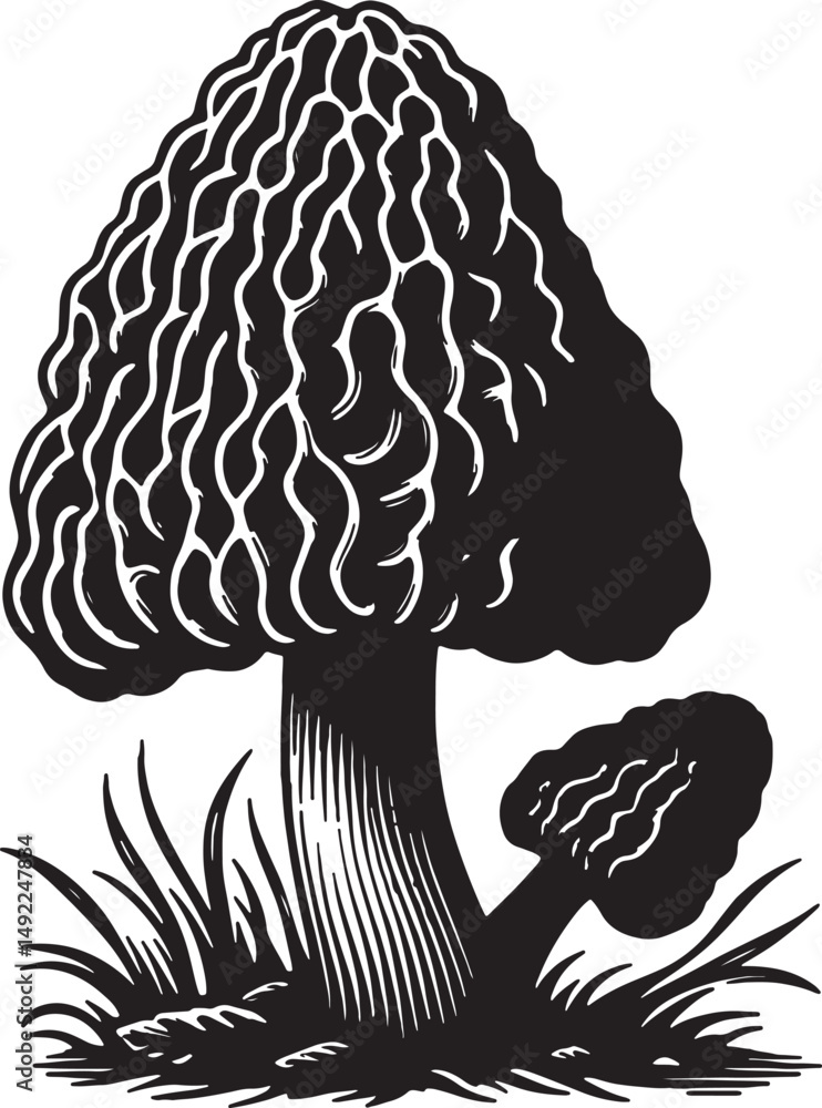 Fototapeta premium A black and white illustration of two morel mushrooms in a grassy environment art