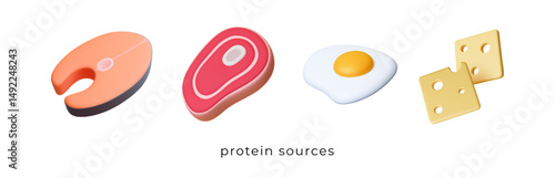 Protein sources 3d icons. Meat fish steak, eggs and cheese. Isolated realistic food, barbecue, breakfast dinner or lunch. Dieting, nutrition vector set