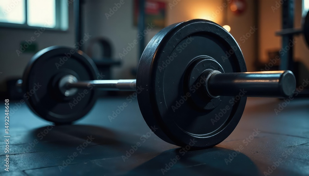 Naklejka premium Close-up of a barbell resting on a weightlifting bench, ready for a workout , weightlifting, strong