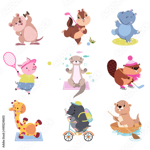 Animals doing exercise. Cute animal in active poses, sport characters. Isolated cartoon otter pig giraffe hippo. Hockey, tennis, cycling, nowaday vector set