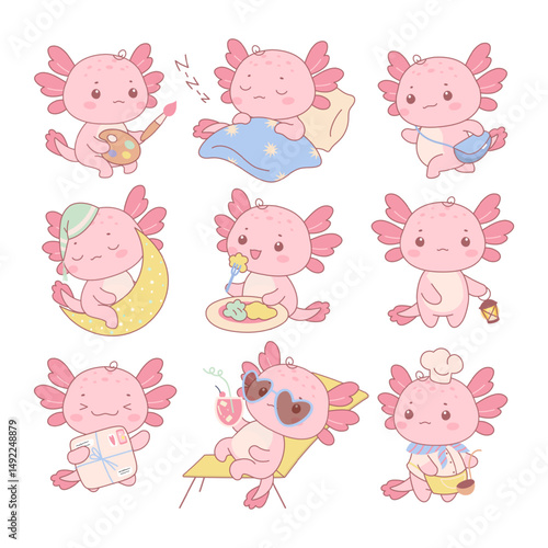 Axolotl characters. Baby axolotls, cartoon funny salamanders in different situations. Cute amphibian walking, sleeping, cooking, nowaday vector set