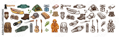 Hand drawn vintage sketch of colorful and monochrome camping travel set with tourist gear on white background