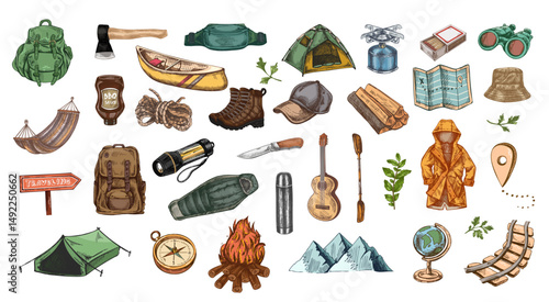 Hand drawn vintage sketch of colorful camping travel gear with tent, map, compass and campfire in engraved style