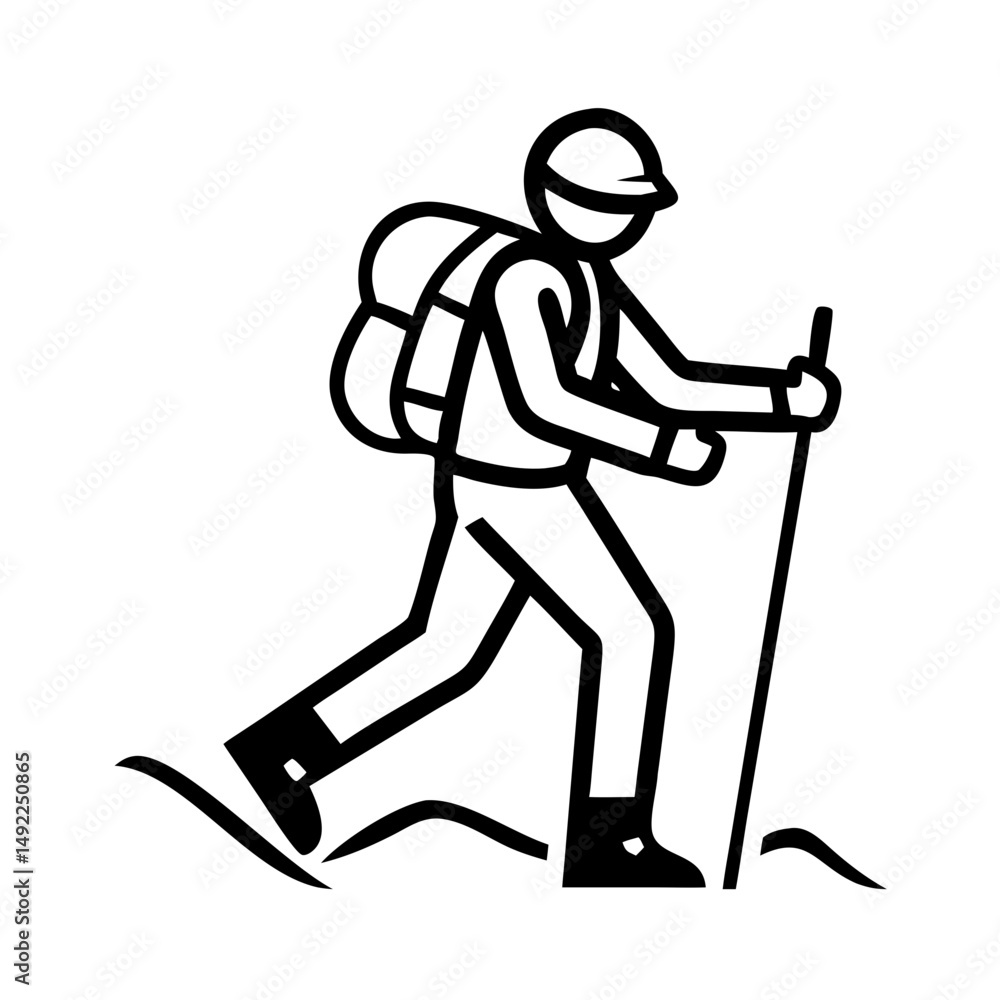Obraz premium Hiking icon with a backpack and walking stick in a minimalist style 