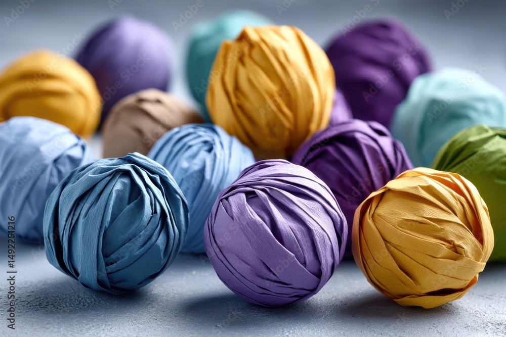 Fototapeta premium Colorful paper balls arranged on a surface showcasing creativity and texture in a vibrant art activity