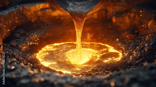 A close-up view of molten metal flowing into a mold, highlighting the complex metal casting process within a foundry