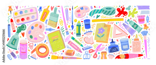 Crayon drawn set of artists painting supplies and stationary. Paint tubes, brushes, palettes and kid's school stationery. Doodle art supplies, funky icons with pencil texture. Colorful painting tools