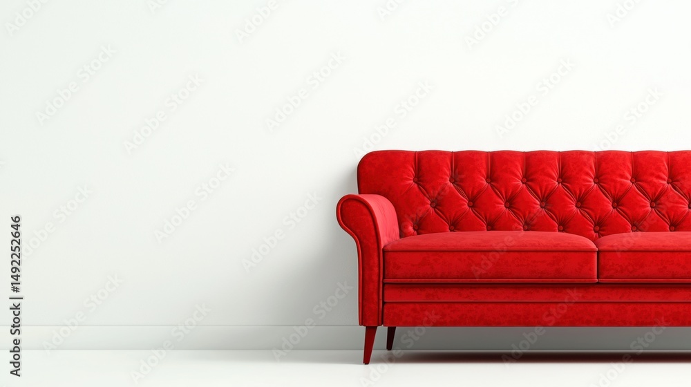Fototapeta premium A red velvet sofa against a white wall.